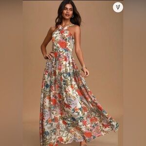 Womens Lulu's Maxi Dress Cream Floral Halter Print XL Beach Wedding Party Flowy